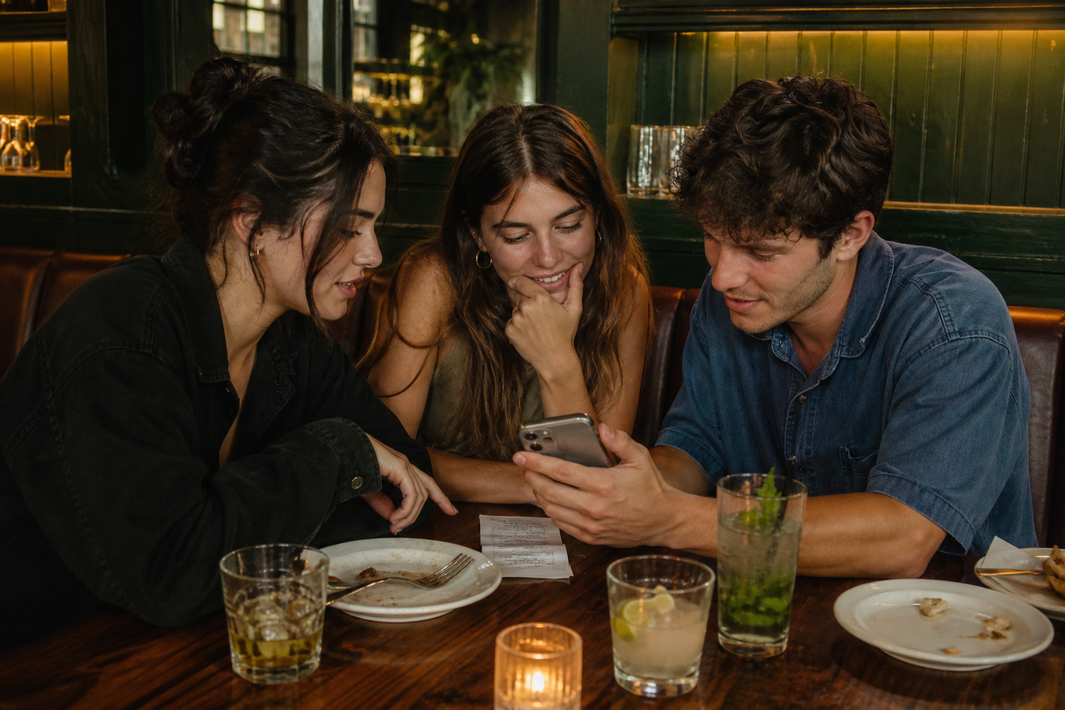 Groep controleert samen de digitale bon op de telefoon